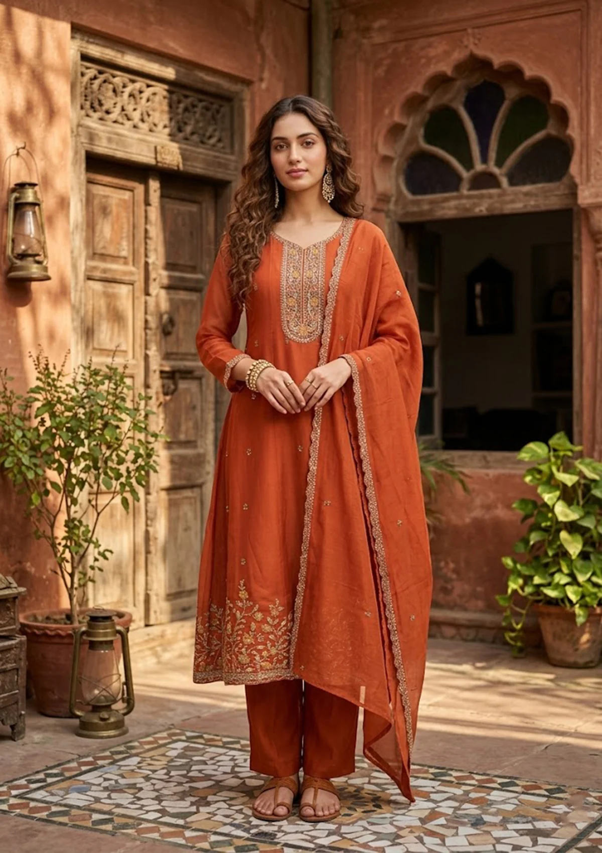 Rust Chanderi Cording Anarkali Kurta With Regular Pant And Dupatta